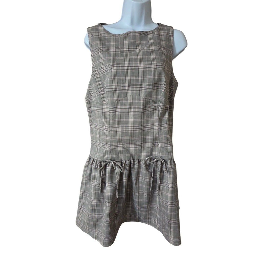 Love Fire Plaid Gray & Pink Knee-Length Shift Dress W Bows Sleeveless L NWT